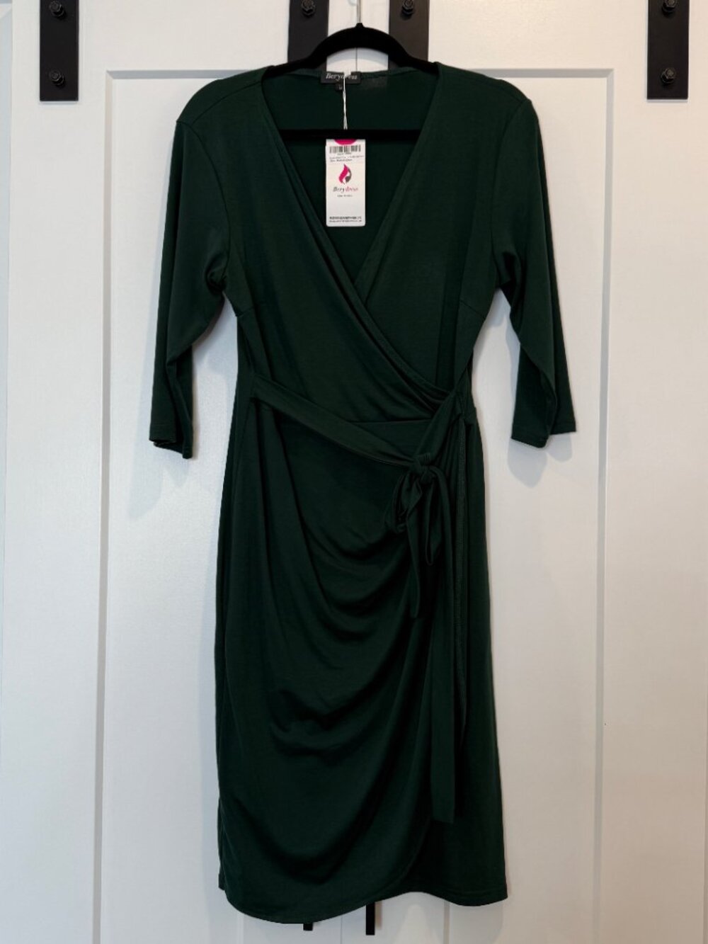 NWT Large Dark Green Wrap Dress 3/4 Sleeve V Neck Tie Waist Work Office Stretch